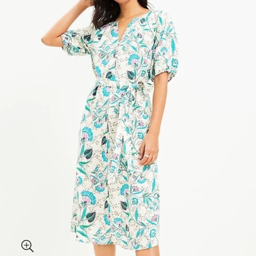 LOFT White Floral Midi Dress with Teal and Pink Print